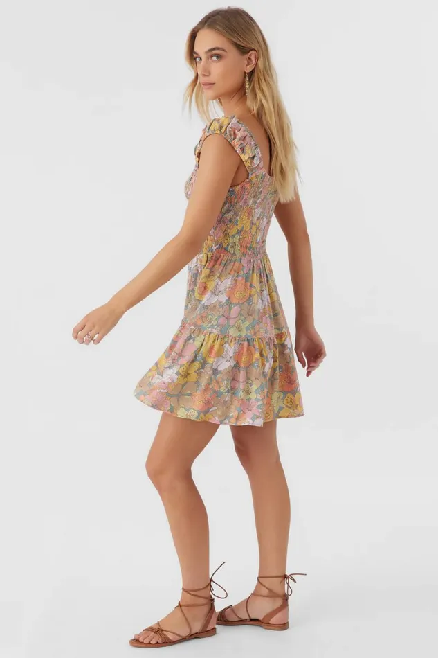 ADELLE JANIS FLORAL SMOCKED DRESS Silver Blue Women O039NEILL Clothing