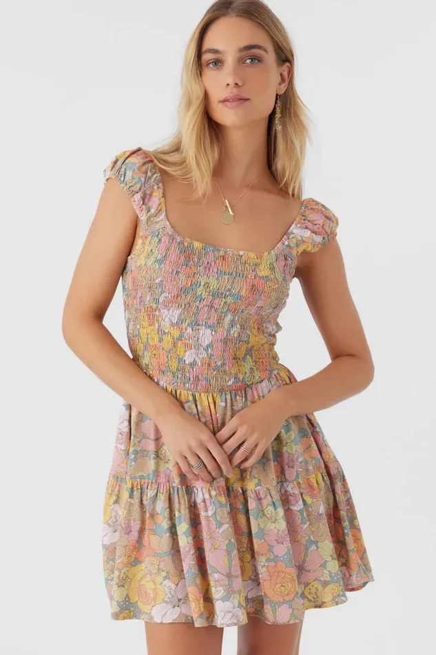ADELLE JANIS FLORAL SMOCKED DRESS Silver Blue Women O039NEILL Clothing