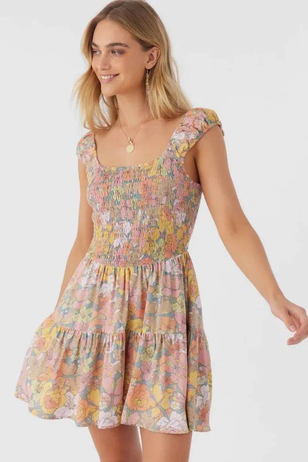 ADELLE JANIS FLORAL SMOCKED DRESS Silver Blue Women O039NEILL Clothing