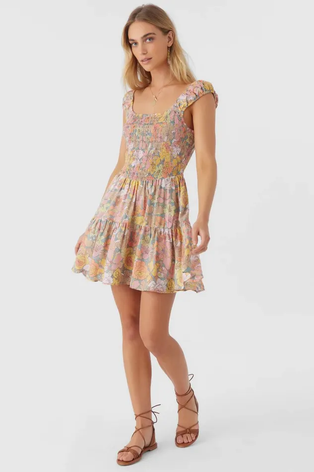 ADELLE JANIS FLORAL SMOCKED DRESS Silver Blue Women O039NEILL Clothing