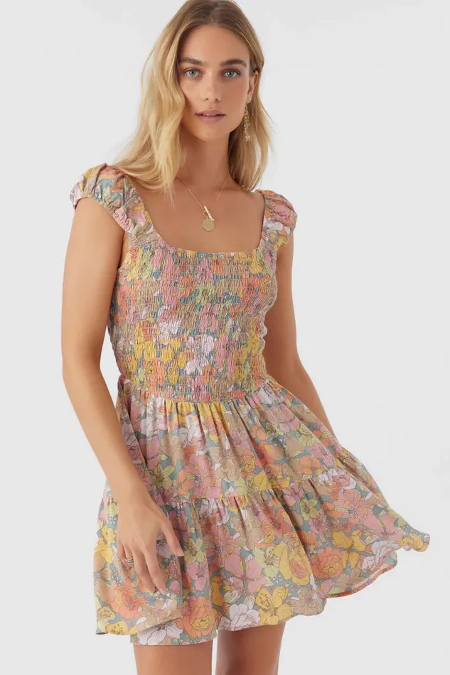 ADELLE JANIS FLORAL SMOCKED DRESS Silver Blue Women O039NEILL Clothing