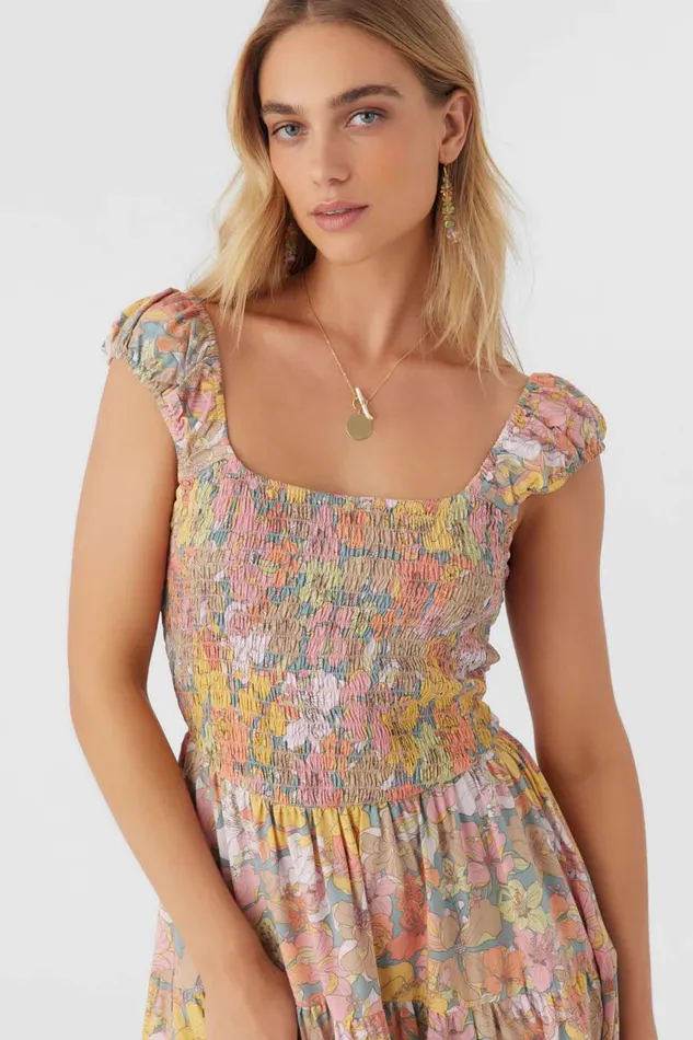 ADELLE JANIS FLORAL SMOCKED DRESS Silver Blue Women O039NEILL Clothing
