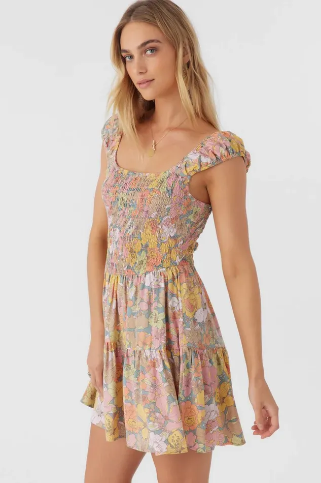 ADELLE JANIS FLORAL SMOCKED DRESS Silver Blue Women O039NEILL Clothing