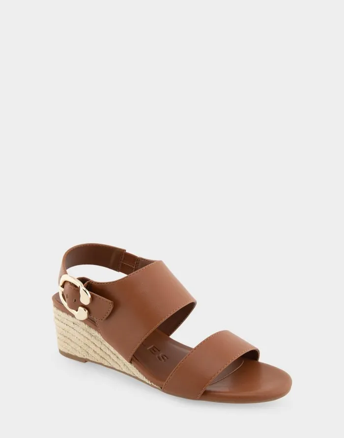 Aerosoles Comfortable Women039s Buckle Back Mid Wedge Sandal In Tan Faux Leather Tan Faux Leather Women Wedges