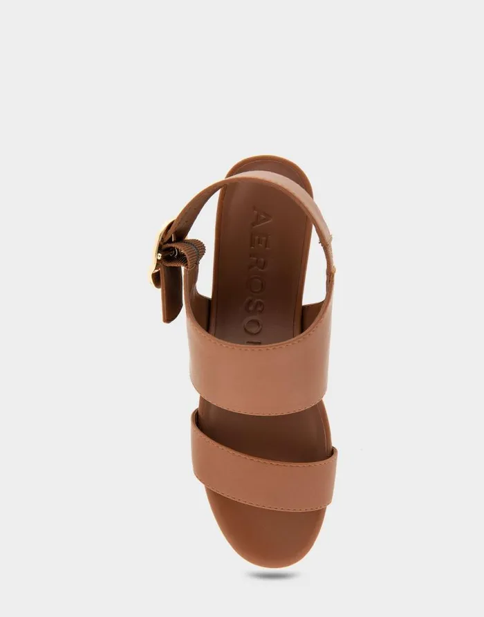 Aerosoles Comfortable Women039s Buckle Back Mid Wedge Sandal In Tan Faux Leather Tan Faux Leather Women Wedges
