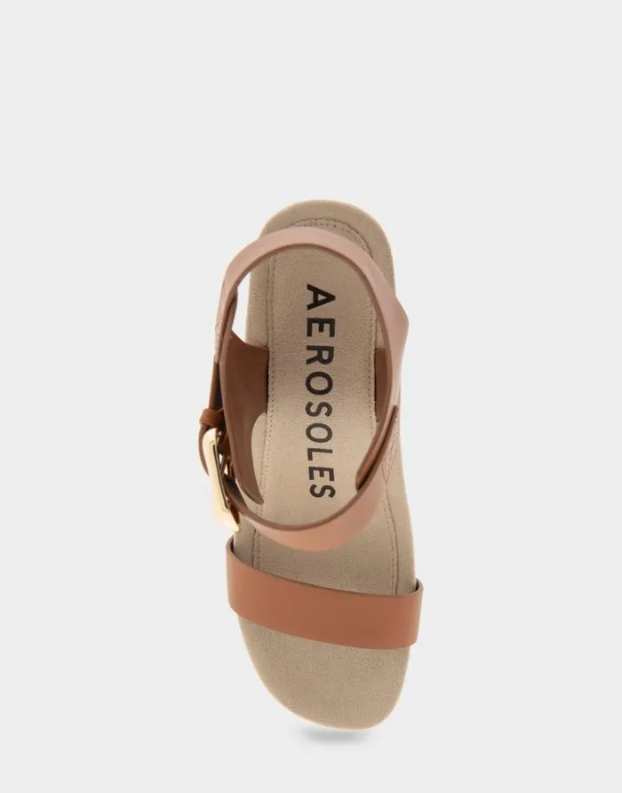 Aerosoles Comfortable Women039s Buckled Footbed Wedge Sandal In Tan Leather Tan Leather Women Dress