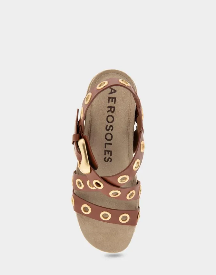 Aerosoles Comfortable Women039s Grommeted Strappy Molded Footbed Platform Sandal In Gingerbread Leather Gingerbread Leather Women Platforms