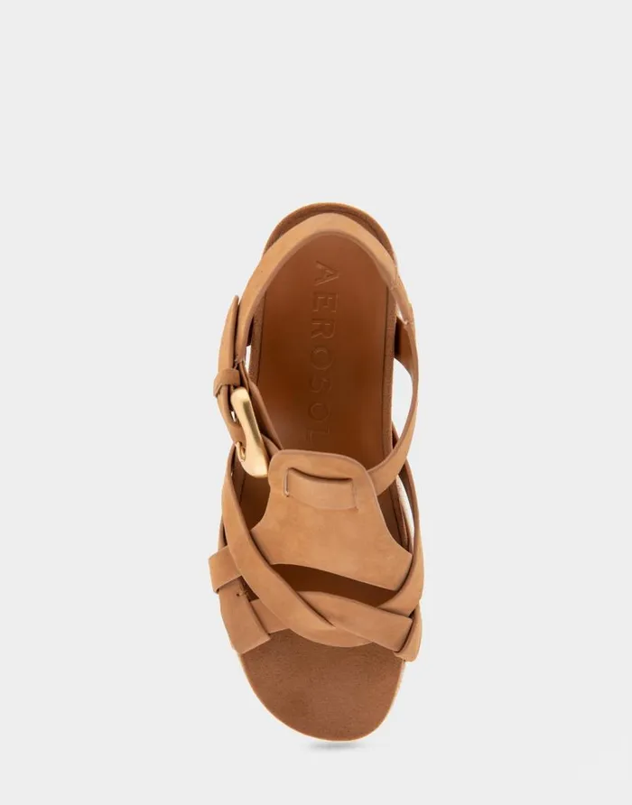 Aerosoles Comfortable Women039s Strappy Molded Footbed Platform Sandal In Tan Suede Tan Suede Women Clogs and Mules