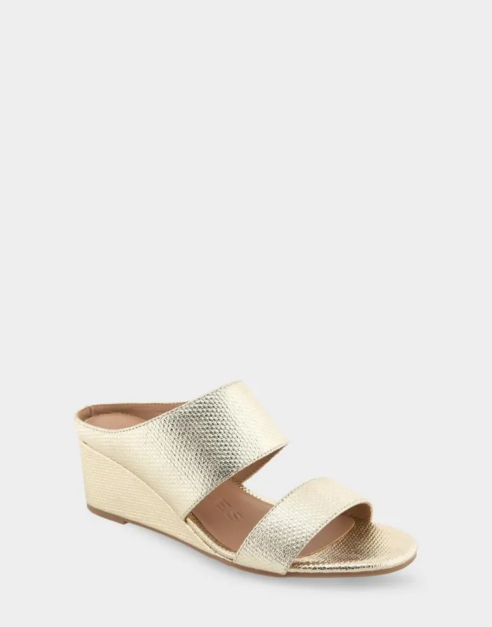 Aerosoles Comfortable Women039s Two Band Mid Wedge Slide Sandal In Soft Gold Canvas Faux Leather Soft Gold Canvas Faux Leather Women Wedges