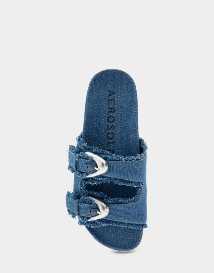 Aerosoles Comfortable Women039s Two Band Molded Footbed Sandal In Denim Fabric Denim Fabric Denim Fabric Women Flats