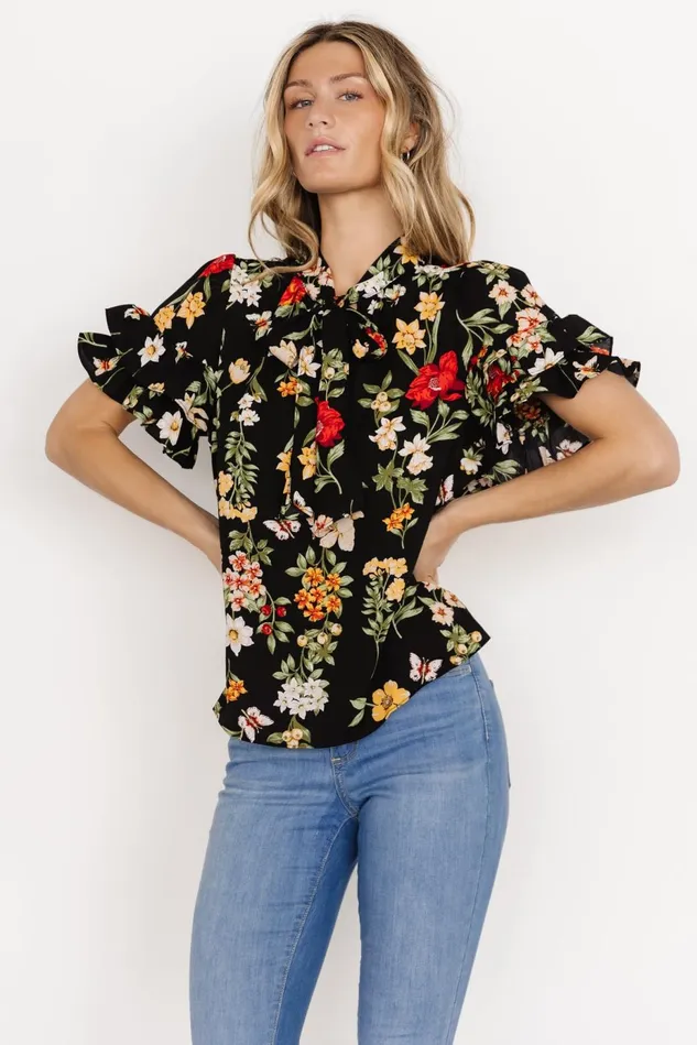 Baltic Born Blouses Shirts Women Judy Ruffle Sleeve Top Black Multi