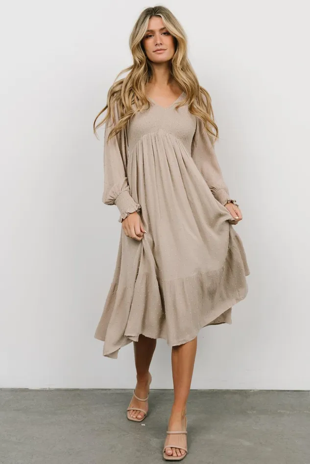 Baltic Born Mother Of The Bride Women Lainey Smocked Dotted Midi Dress Beige