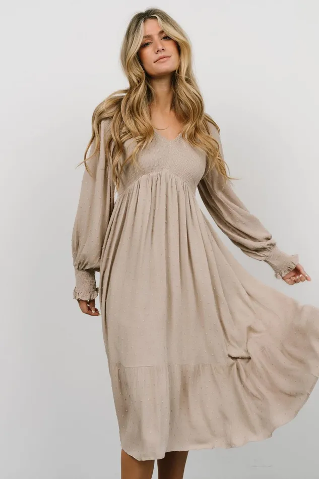 Baltic Born Mother Of The Bride Women Lainey Smocked Dotted Midi Dress Beige Baltic Born Mother Of The Bride Women Lainey Smocked Dotted Midi Dress Beige