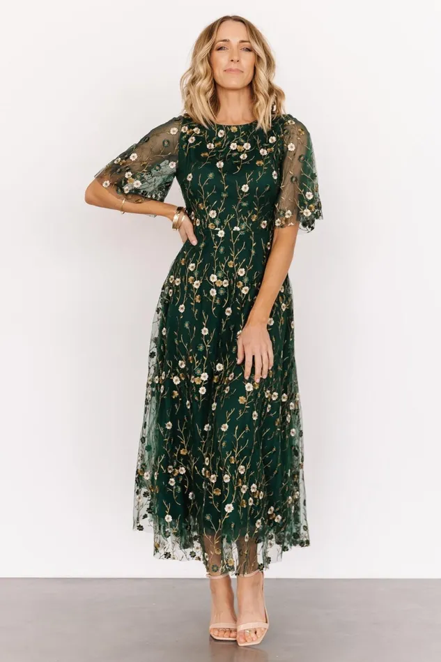 Baltic Born Wedding Guest Women Arabella Embroidered Tulle Maxi Dress Dark Green Floral