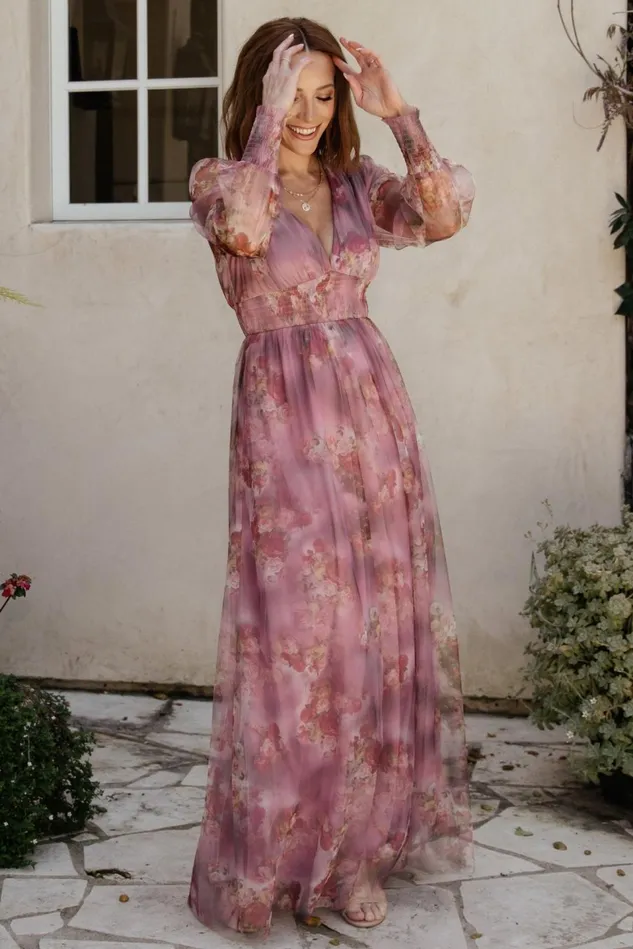 Baltic Born Wedding Guest Women Layla Tulle Maxi Dress Dusty Orchid Floral