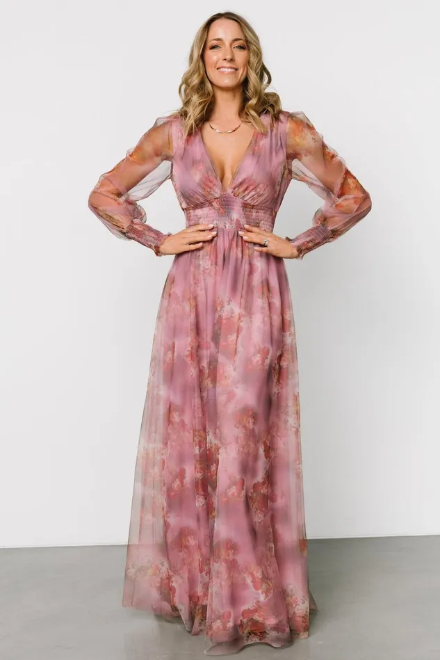 Baltic Born Wedding Guest Women Layla Tulle Maxi Dress Dusty Orchid Floral