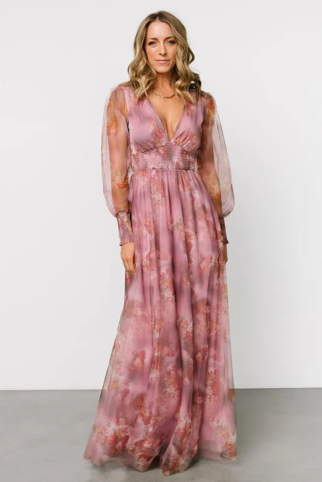 Baltic Born Wedding Guest Women Layla Tulle Maxi Dress Dusty Orchid Floral