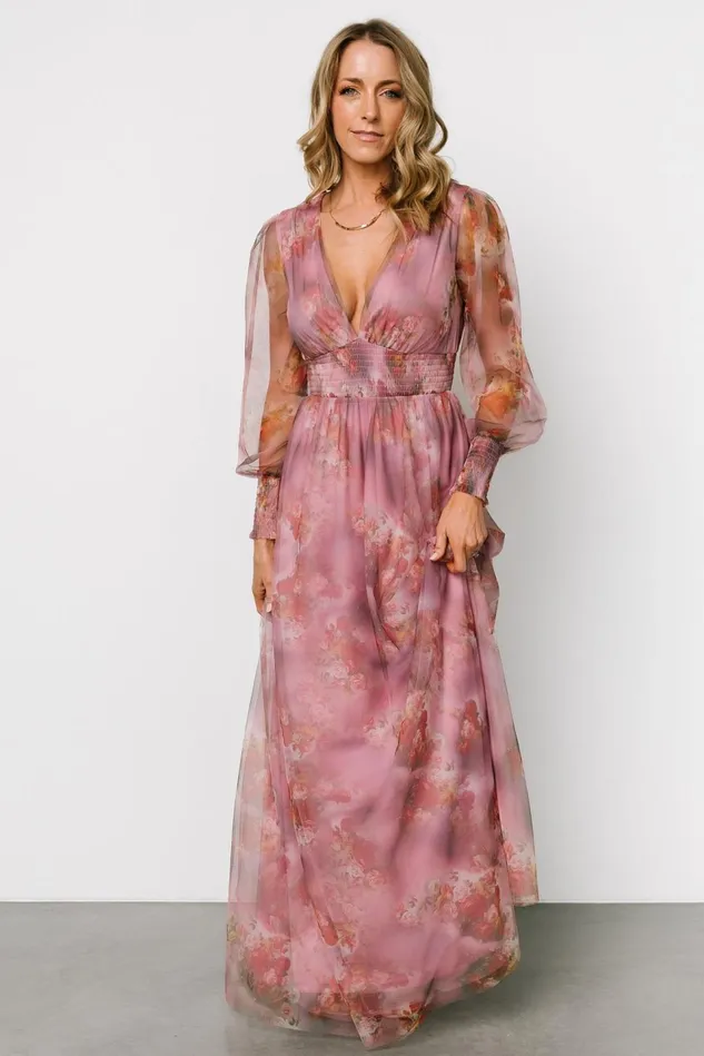 Baltic Born Wedding Guest Women Layla Tulle Maxi Dress Dusty Orchid Floral