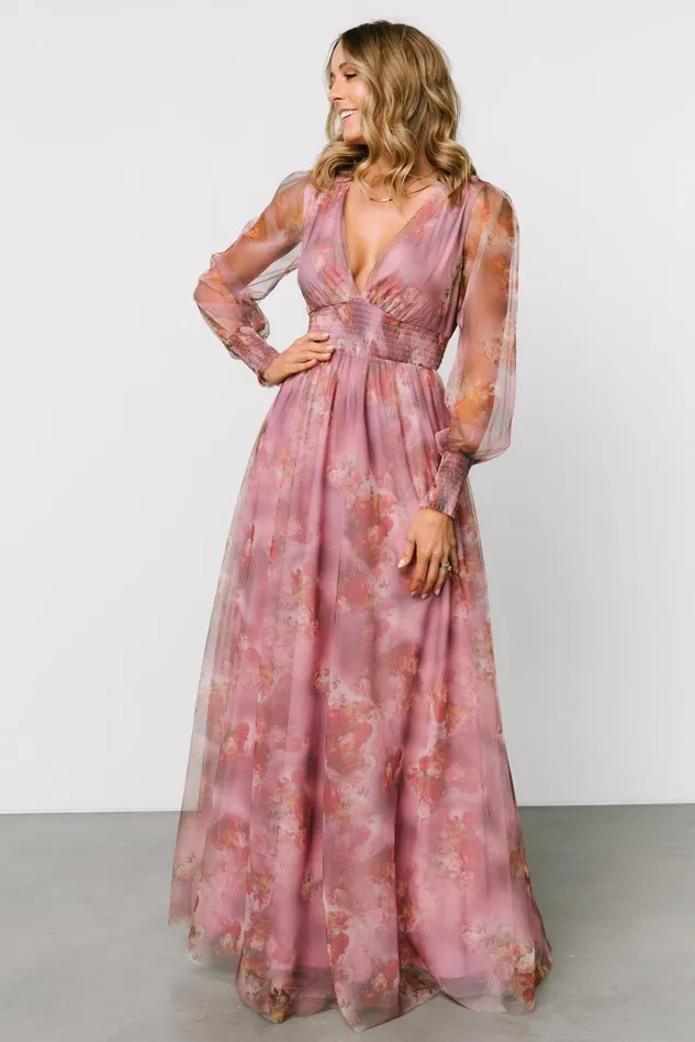 Baltic Born Wedding Guest Women Layla Tulle Maxi Dress Dusty Orchid Floral