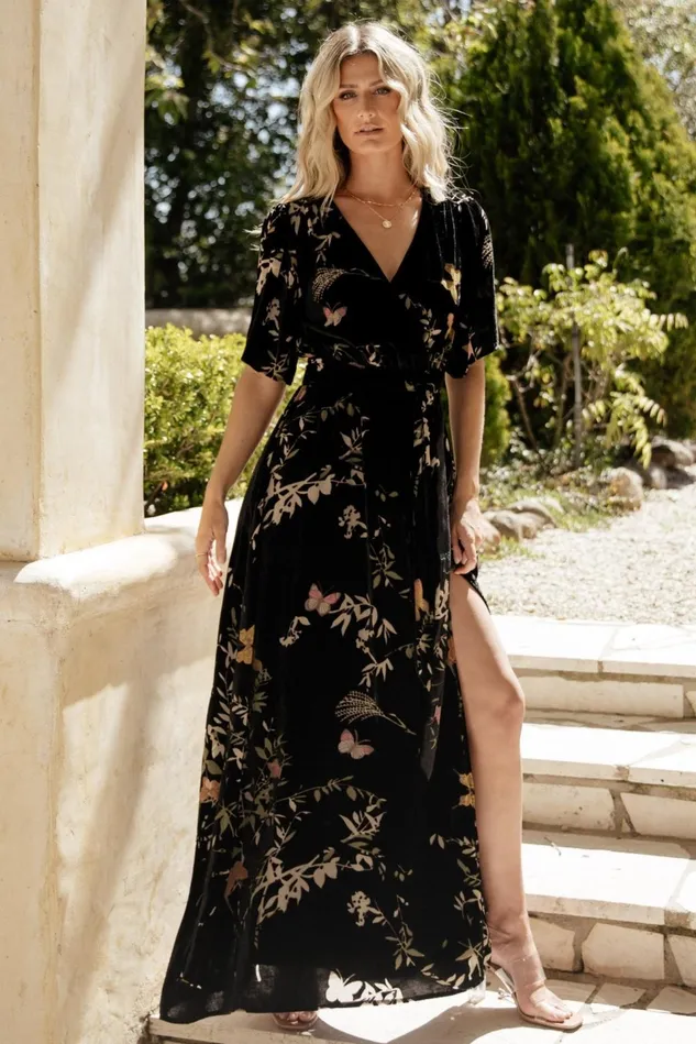 Baltic Born Wedding Guest Women Uma Velvet Maxi Dress Black Butterfly Print