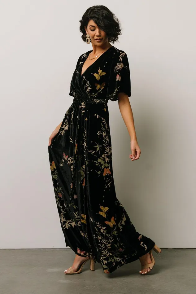 Baltic Born Wedding Guest Women Uma Velvet Maxi Dress Black Butterfly Print Baltic Born Wedding Guest Women Uma Velvet Maxi Dress Black Butterfly Print