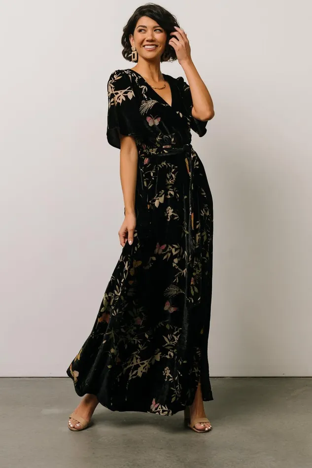 Baltic Born Wedding Guest Women Uma Velvet Maxi Dress Black Butterfly Print Baltic Born Wedding Guest Women Uma Velvet Maxi Dress Black Butterfly Print