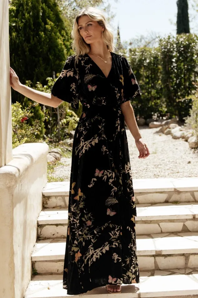Baltic Born Wedding Guest Women Uma Velvet Maxi Dress Black Butterfly Print Baltic Born Wedding Guest Women Uma Velvet Maxi Dress Black Butterfly Print