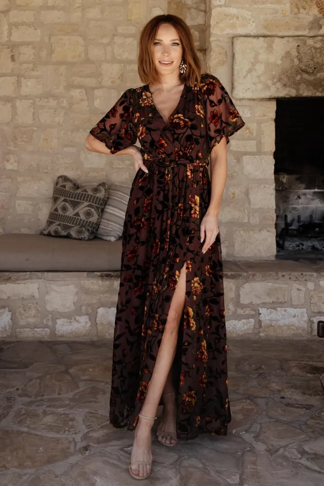 Baltic Born Wedding Guest Women Uma Velvet Maxi Dress Clove Amber Floral