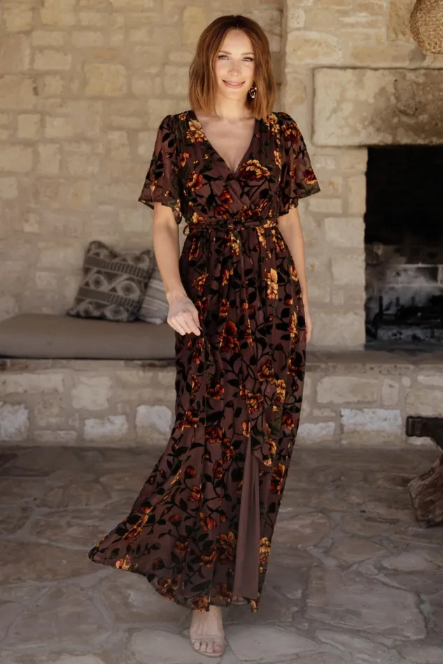 Baltic Born Wedding Guest Women Uma Velvet Maxi Dress Clove Amber Floral