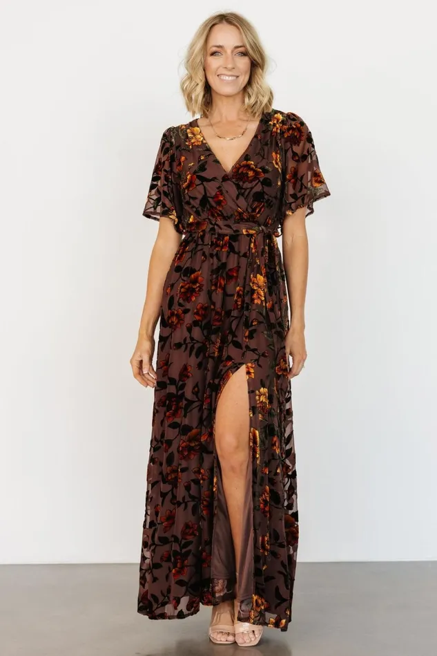 Baltic Born Wedding Guest Women Uma Velvet Maxi Dress Clove Amber Floral