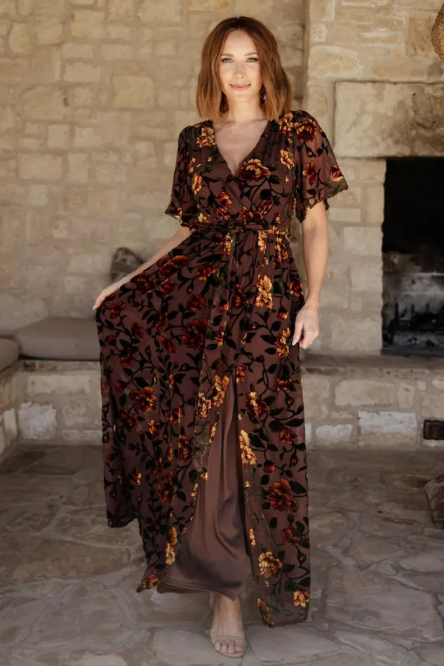 Baltic Born Wedding Guest Women Uma Velvet Maxi Dress Clove Amber Floral