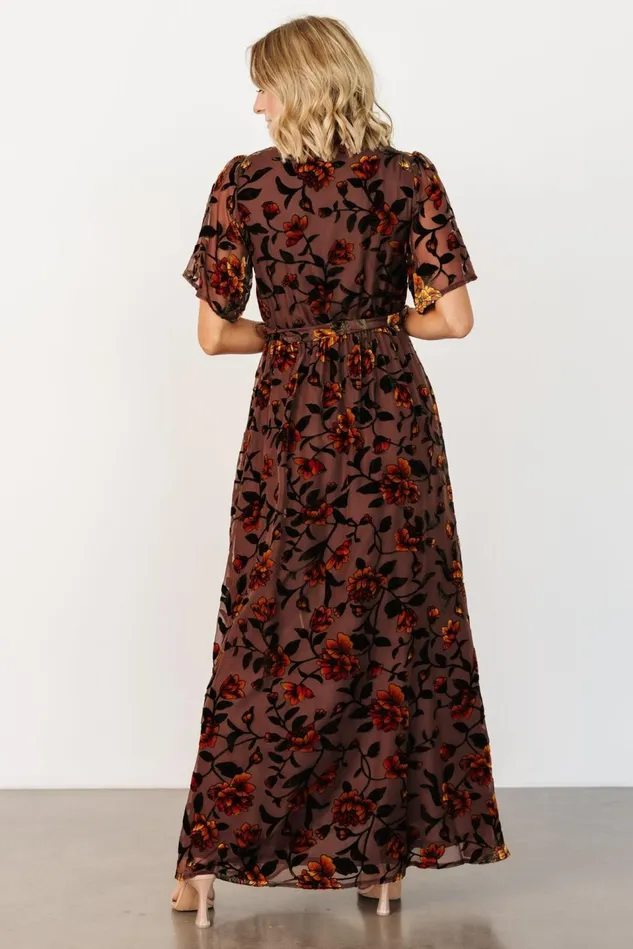 Baltic Born Wedding Guest Women Uma Velvet Maxi Dress Clove Amber Floral