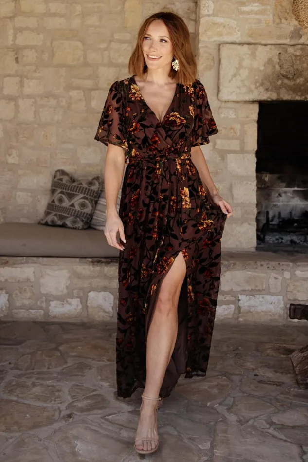 Baltic Born Wedding Guest Women Uma Velvet Maxi Dress Clove Amber Floral