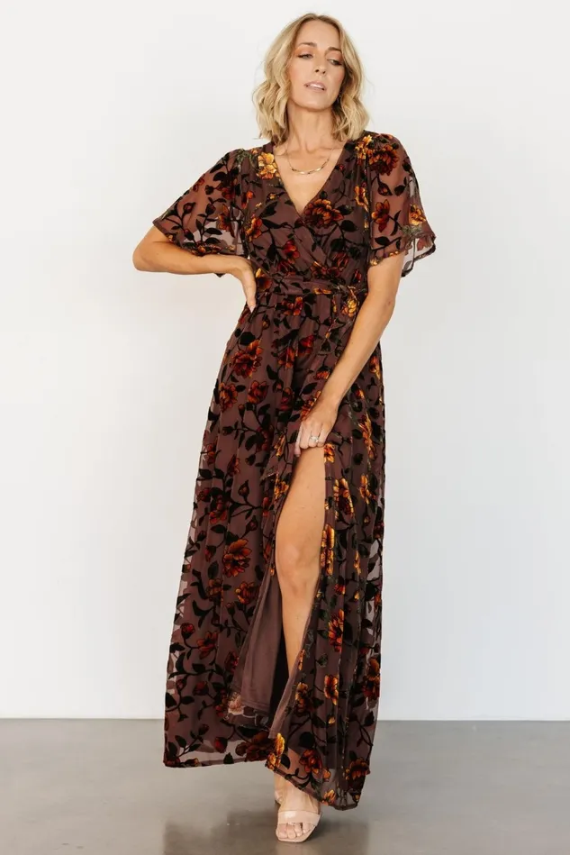 Baltic Born Wedding Guest Women Uma Velvet Maxi Dress Clove Amber Floral