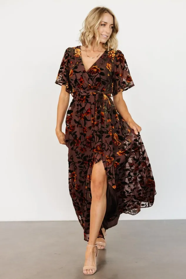 Baltic Born Wedding Guest Women Uma Velvet Maxi Dress Clove Amber Floral