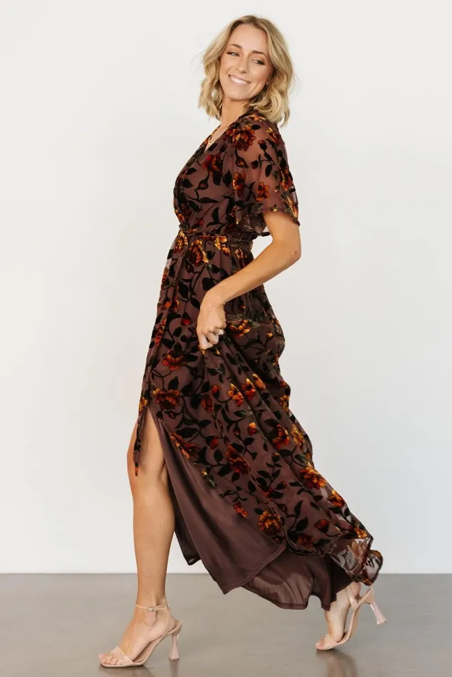 Baltic Born Wedding Guest Women Uma Velvet Maxi Dress Clove Amber Floral