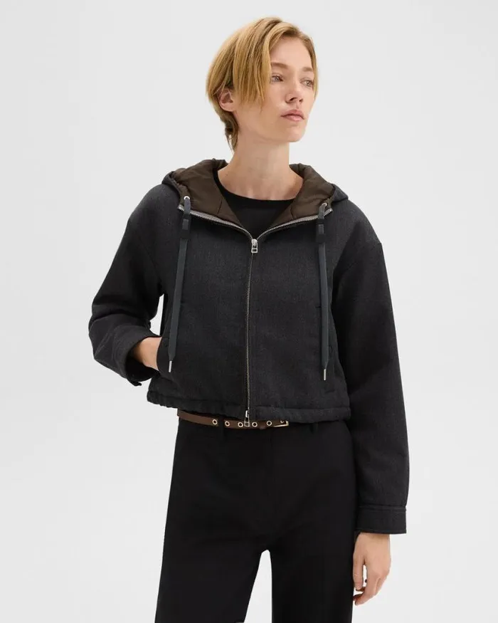 Blazers Jackets Women Theory Cropped ZipUp Hoodie In WoolBlend Twill Charcoal