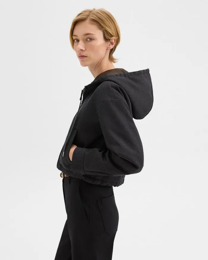 Blazers Jackets Women Theory Cropped ZipUp Hoodie In WoolBlend Twill Charcoal