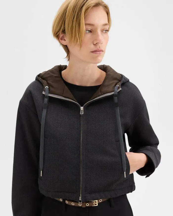 Blazers Jackets Women Theory Cropped ZipUp Hoodie In WoolBlend Twill Charcoal