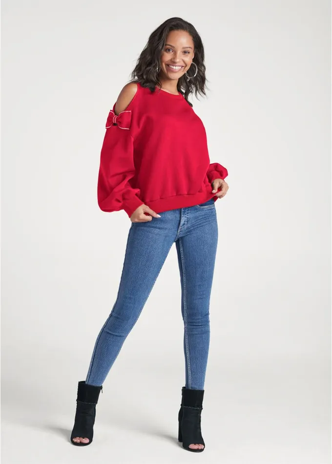 BOW TIE SLEEVE SWEATSHIRT Red Women VENUS Sweatshirts and Hoodies