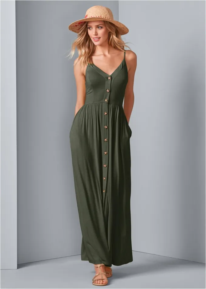 ButtonFront Maxi Dress Olive Women VENUS Sundresses