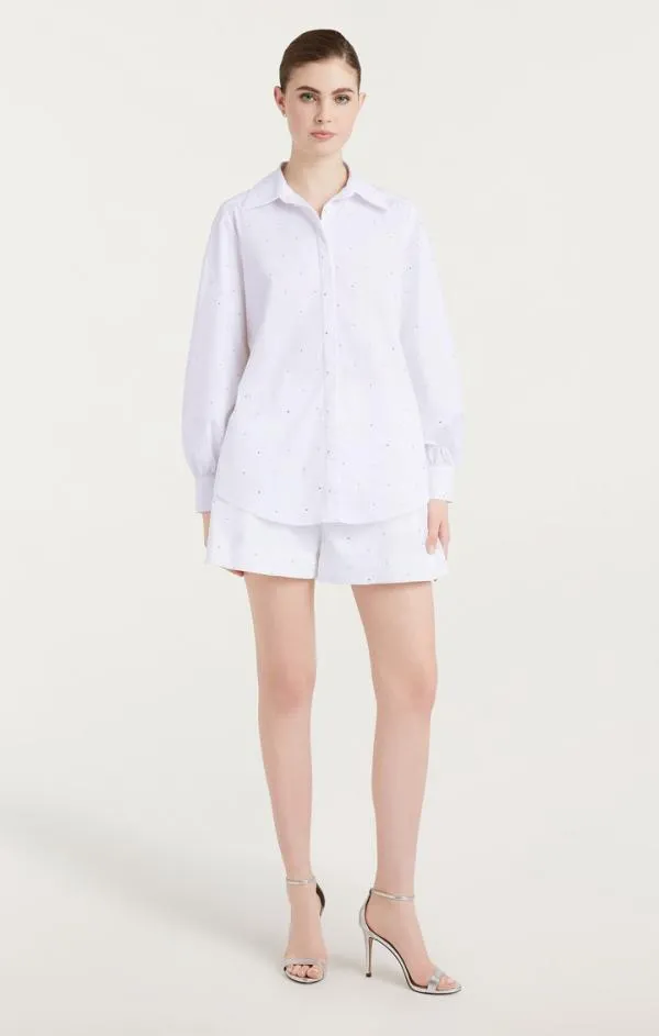 Cinq Sept Heatset Rhinestone Ditsy Kandice White Women Long Sleeve Tops