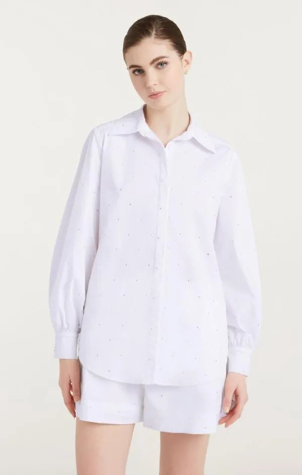 Cinq Sept Heatset Rhinestone Ditsy Kandice White Women Long Sleeve Tops