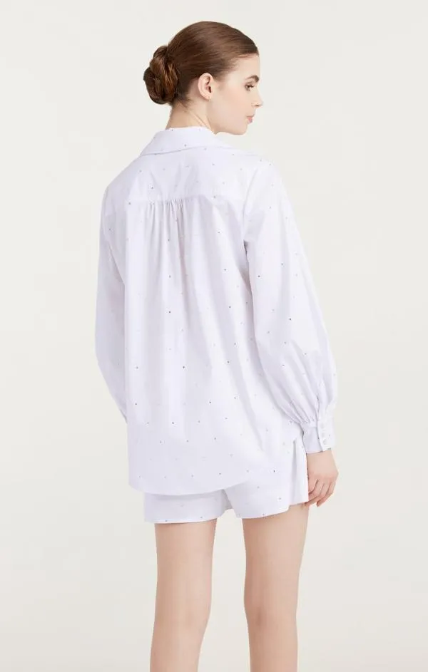 Cinq Sept Heatset Rhinestone Ditsy Kandice White Women Long Sleeve Tops