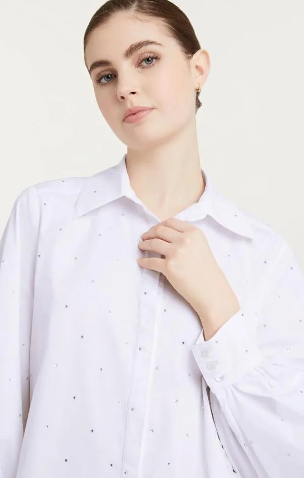 Cinq Sept Heatset Rhinestone Ditsy Kandice White Women Long Sleeve Tops