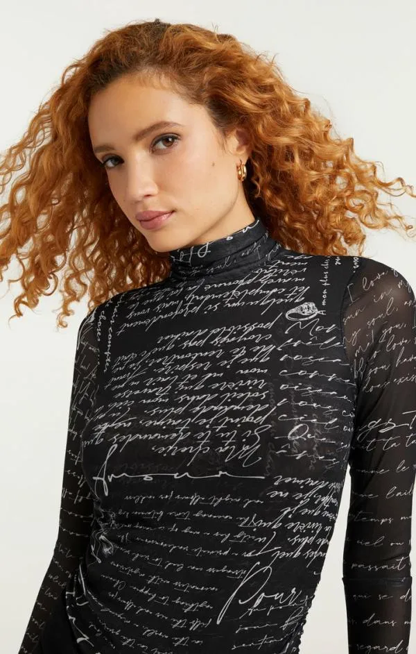 Cinq Sept Mon Amour Shirred Mesh Turtleneck Blackivory Women Long Sleeve Tops