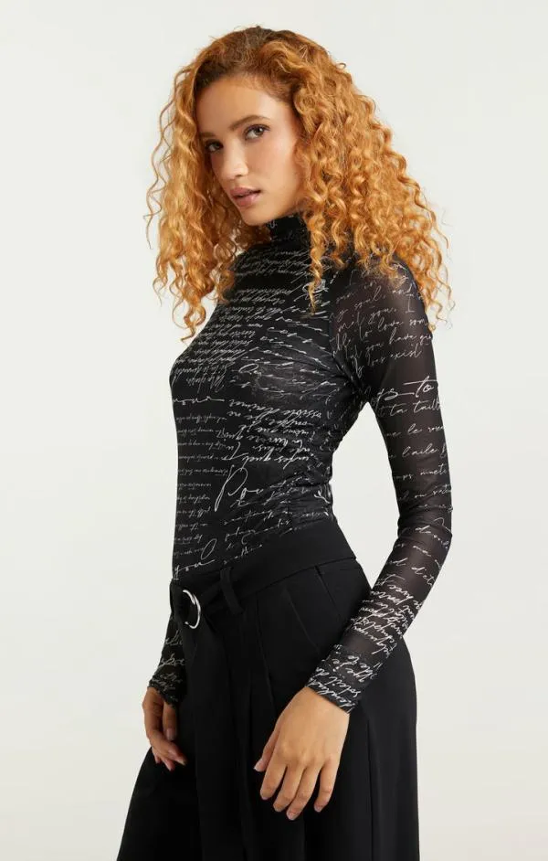 Cinq Sept Mon Amour Shirred Mesh Turtleneck Blackivory Women Long Sleeve Tops