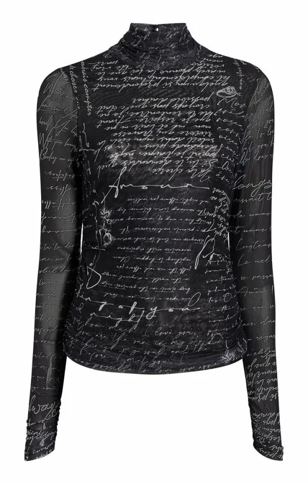 Cinq Sept Mon Amour Shirred Mesh Turtleneck Blackivory Women Long Sleeve Tops