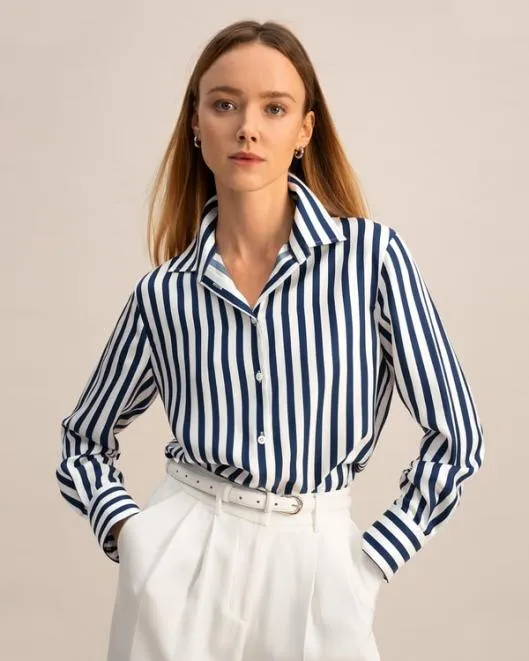 Classic Womenx27s Amalfi Blue White Stripe Silk Shirt Women Lilysilk Essentials