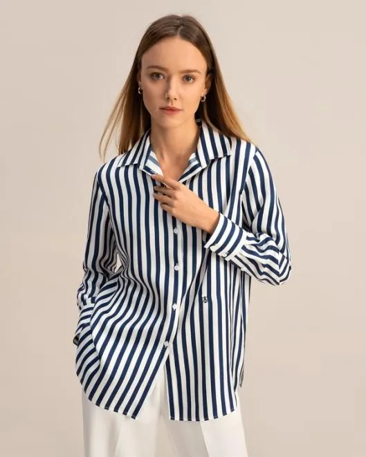 Classic Womenx27s Amalfi Blue White Stripe Silk Shirt Women Lilysilk Essentials